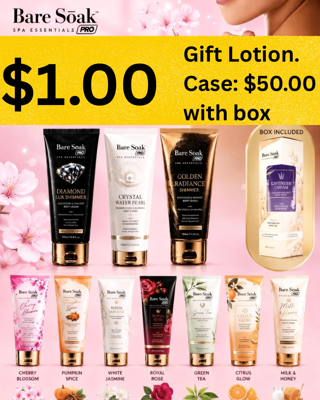 Gift Lotion Bare Soak $50/case 50 packs with box