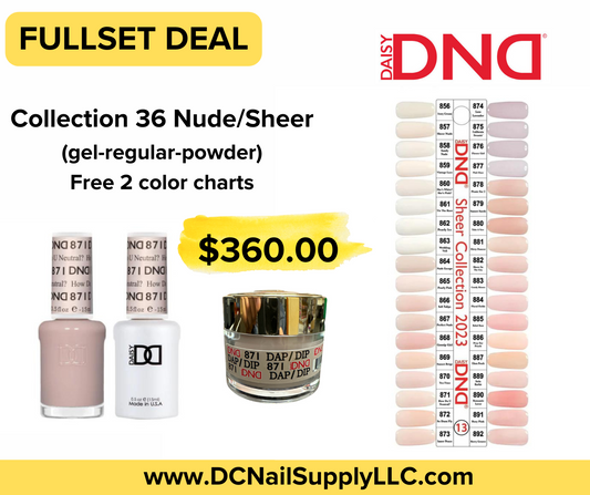 DND Sheer/Nude Collection (36 colors; Gel-Regular-Dip Powder). Free 1 color chart